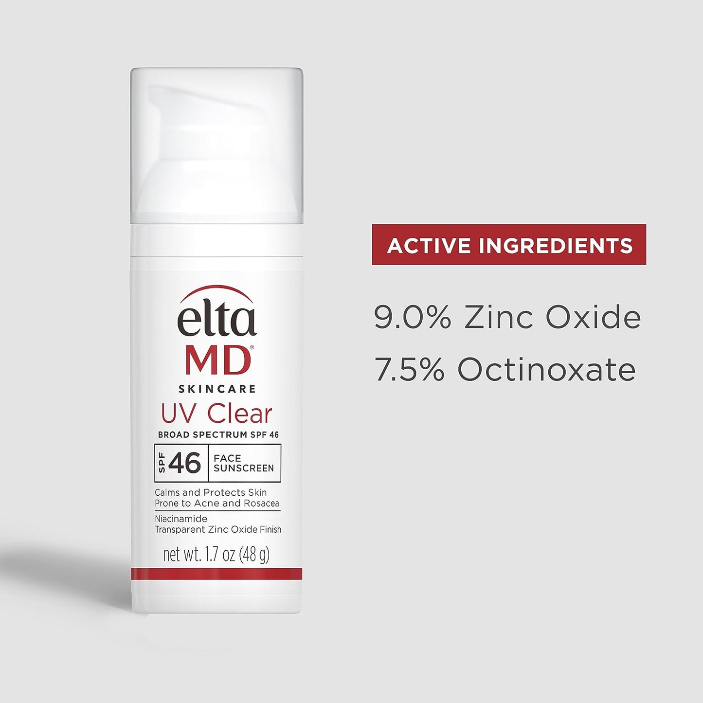 EltaMD UV Clear Face Sunscreen, SPF 46 Oil Free Sunscreen with Zinc Oxide, Protects and Calms Sensitive Skin and Acne-Prone Skin, Lightweight, Silky, Dermatologist Recommended, 1.7 oz Pump