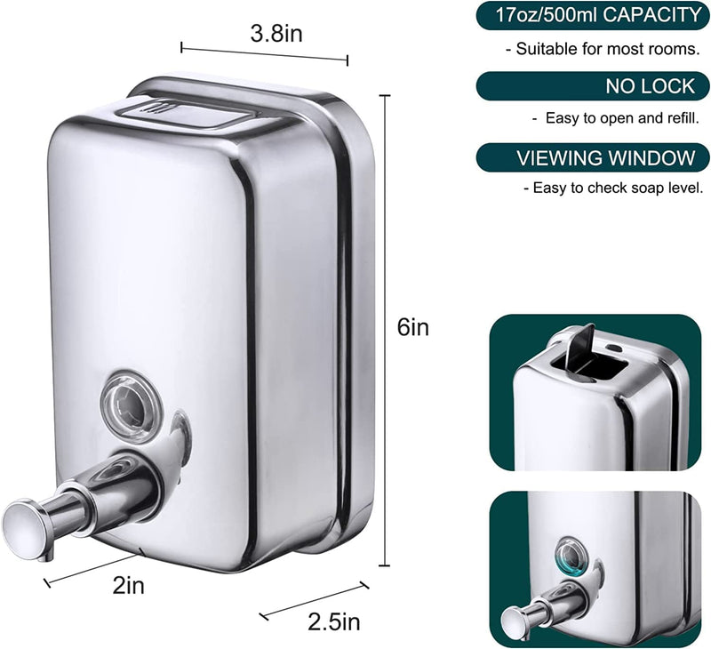 500ML -18oZ Stainless Steel Hand Soap Dispenser Wall Mount Soap Dispenser with Key and Screws Hand Dispenser Shampoo Shower Gel Lotion Container Dispenser for Restroom (500ml)