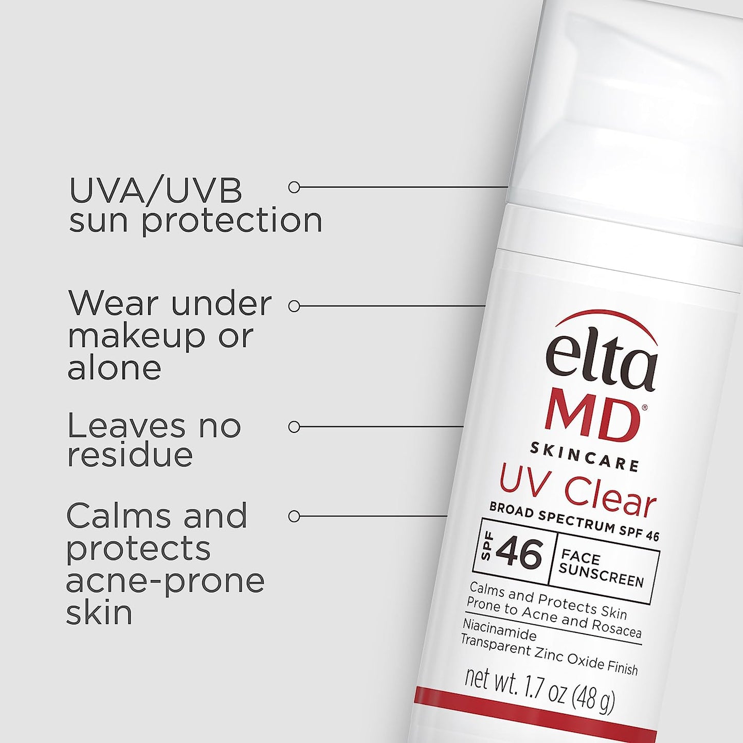 EltaMD UV Clear Face Sunscreen, SPF 46 Oil Free Sunscreen with Zinc Oxide, Protects and Calms Sensitive Skin and Acne-Prone Skin, Lightweight, Silky, Dermatologist Recommended, 1.7 oz Pump