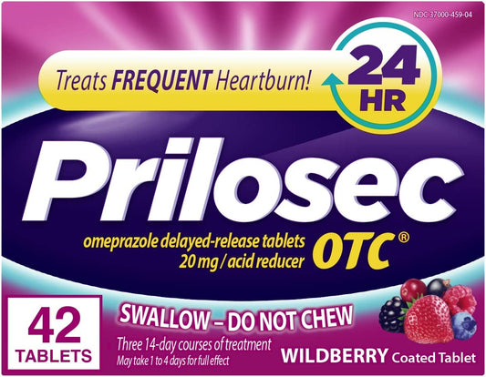 Prilosec OTC, Omeprazole Delayed Release 20mg, Acid Reducer, Treats Frequent Heartburn for 24 Hour Relief, All Day, All Night*, Wildberry Flavor, 20mg, 42 Tablets G