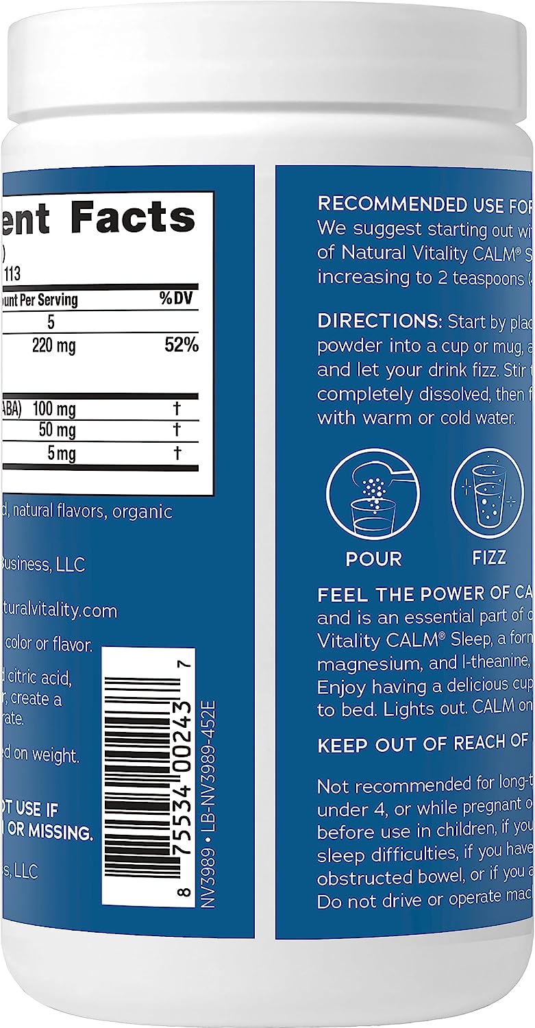 Natural Vitality Calm Sleep, Melatonin & Magnesium Citrate, Sleep Aid Drink Mix, GABA, Sleep Aid, Vegan, Gluten Free & Non-GMO, Mixed Berry, 16 Oz