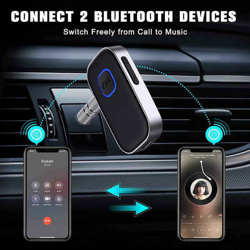 Fairteks J22 Bluetooth 5.0 Receiver for Car, Noise Cancelling Bluetooth AUX Adapter, Bluetooth Music Receiver for Home Stereo/Wired Headphones/Hands-Free Call,16H Battery Life-Black+Silver
